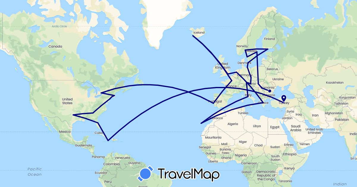 TravelMap itinerary: driving in Austria, Canada, Czech Republic, Germany, Denmark, Spain, Finland, France, United Kingdom, Greece, Hungary, Iceland, Italy, Netherlands, Norway, Portugal, Romania, Sweden, Turkey, United States (Asia, Europe, North America)